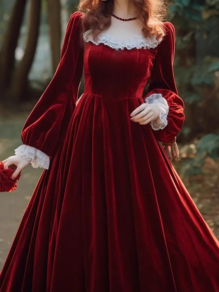 French Hepburn Velvet Drape Red Christmas Party Dress