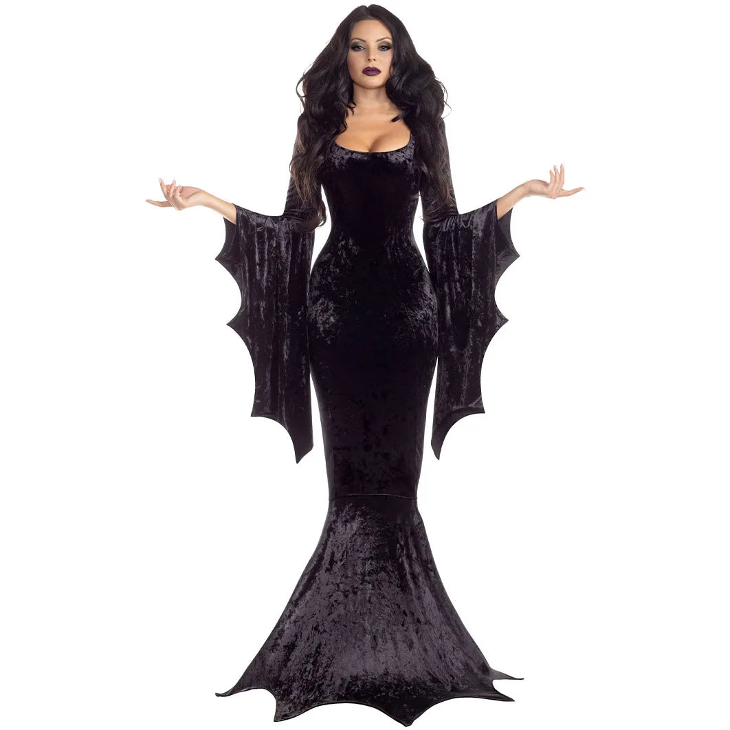 Velvet Vintage Black Gothic Morticia Mermaid Dress Women Halloween Cosplay Costume