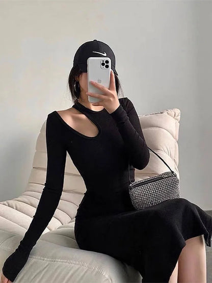 Sexy Cut Out  Elegant O-neck Long Solid Casual Midi Dresses