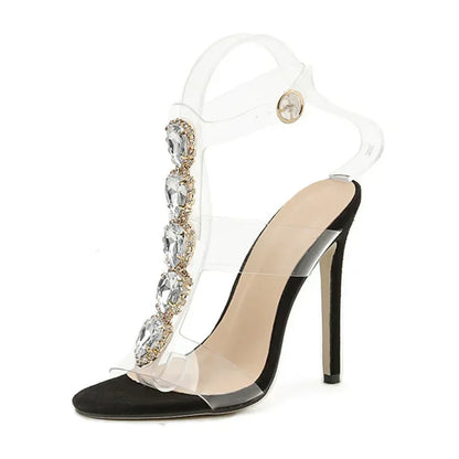 One-Band Buckle Transparent PVC Rhinestone Slim High Heel Party High Heel