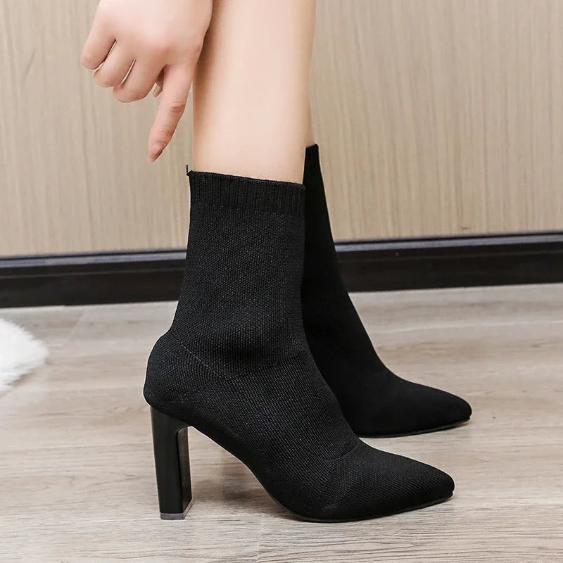 Sexy Pointed Toe Knitted Stretch Fabric Plus Size Black Modern Ankle Boot