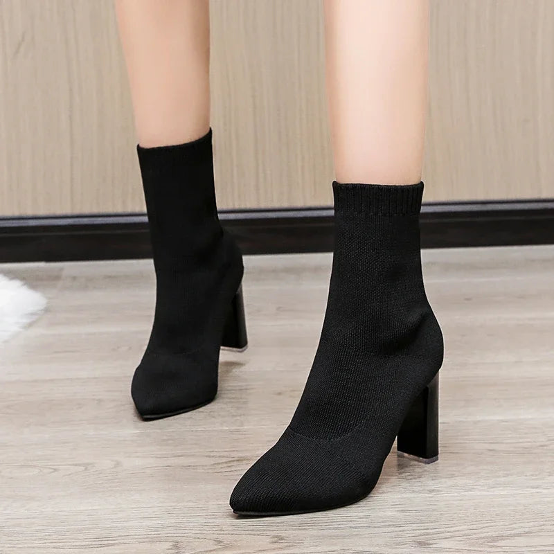 Sexy Pointed Toe Knitted Stretch Fabric Plus Size Black Modern Ankle Boot