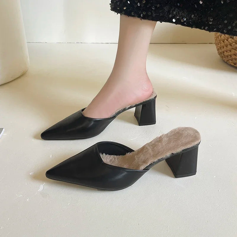 Sexy Pointed Toe Winter Plush Warm Closed Toe Comfortable Slippers Low Heel Pumps