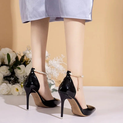 Sexy Bead Patent Leather Ankle Strap Pointed Toe Customizable High Heel