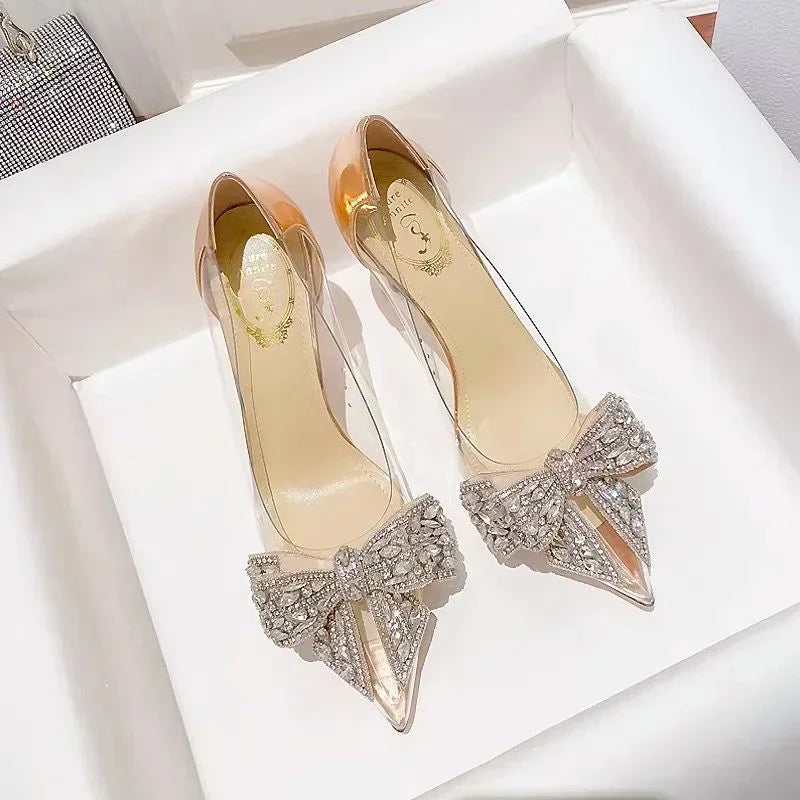 Transparent Rhinestone Butterfly-knot Pointed Toe Wedding High Heel High Heel