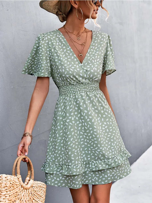 V Neck Mini Floral Short Lotus Leaf Elegant  Midi Dresses