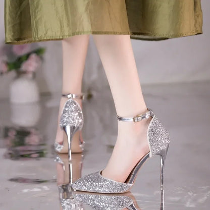 Pearl Ankle Strap Bling Fashion Wedding Pointed Toe Shallow High Heel