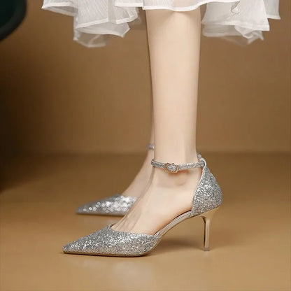 Pearl Ankle Strap Bling Fashion Wedding Pointed Toe Shallow High Heel