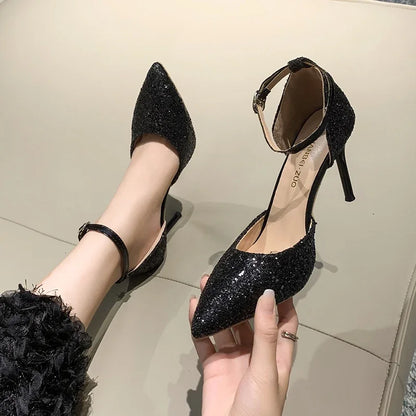 Pearl Ankle Strap Bling Fashion Wedding Pointed Toe Shallow High Heel