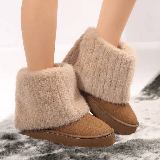 Shoes for Women New Slip on Women's Boots Winter Round Toe Solid Flock Plush Warm Mid Heel Water Proof Casual Snow Boots