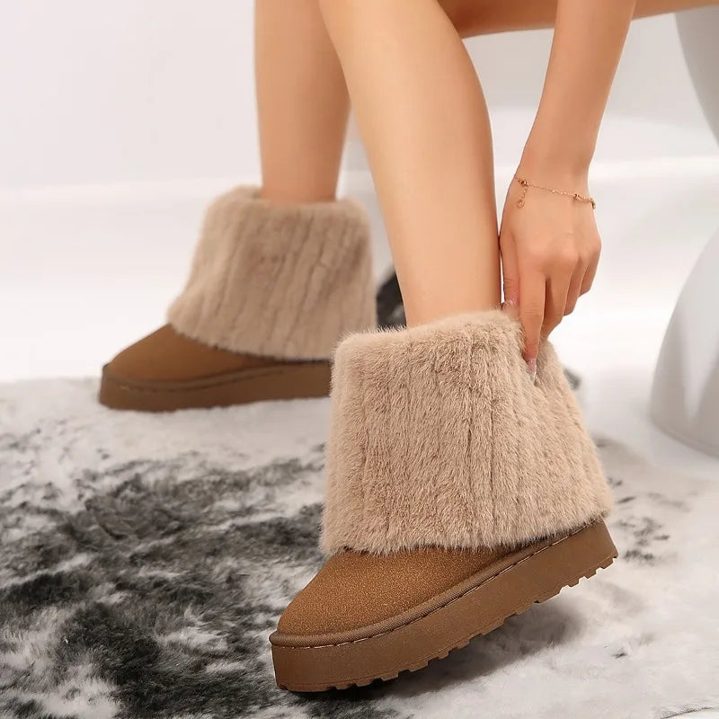 Slip-on Round Toe Solid Flock Plush Warm Mid Heel Casual Snow Boot