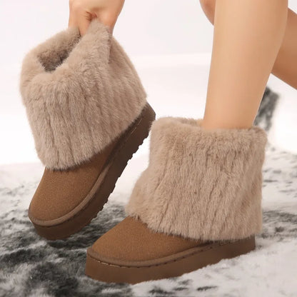 Slip-on Round Toe Solid Flock Plush Warm Mid Heel Casual Snow Boot