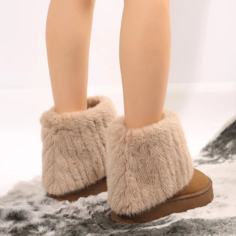 Slip-on Round Toe Solid Flock Plush Warm Mid Heel Casual Snow Boot