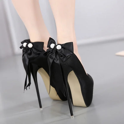 Black Pumps Silk Round Toe Platform Slip-On Shallow Thin Heeled High Heel