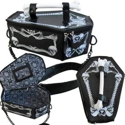 Skeleton Coffin Gothic Bat Black PU Leather Crossbody Bag