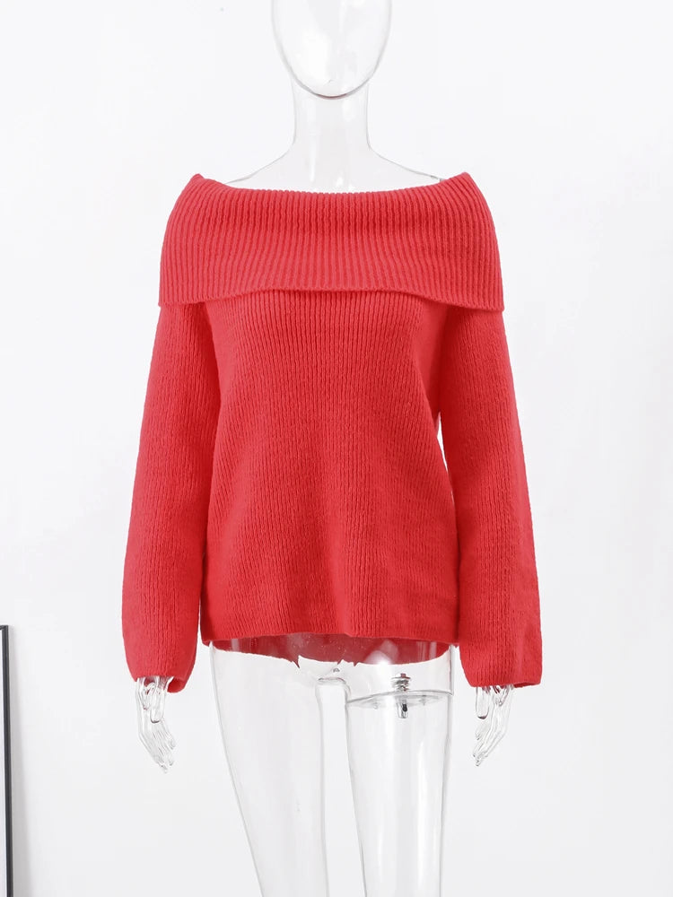 Slash Off Shoulder Solid Elegant Long Fashion Loose Jumper Sweater