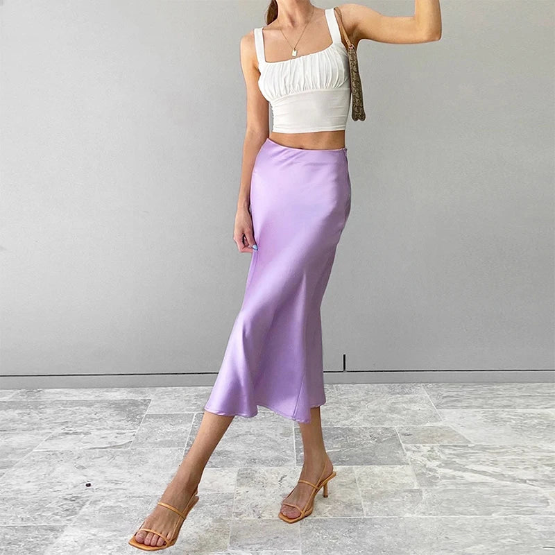 DressBetty - Solid Elegant Purple Satin Silk High-Waisted Office Midi Skirt