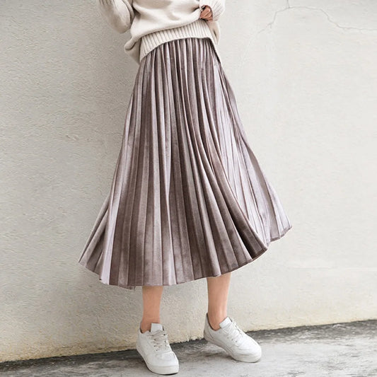 Metallic Silver Pleated High Waist Casual Party Skirt Midi Dresses