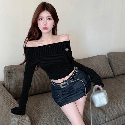 Spring Autumn Off Shoulder Solid Hole Slim Sexy Knitted Sweater