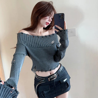 Spring Autumn Off Shoulder Solid Hole Slim Sexy Knitted Sweater