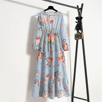 Spring Maxi Casual Full Floral Printed O-neck Woman Bohe Party Midi Dresses