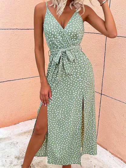 Summer Floral Backless Bandage Slit Beach Sunes Black Sleeveless Midi Dresses