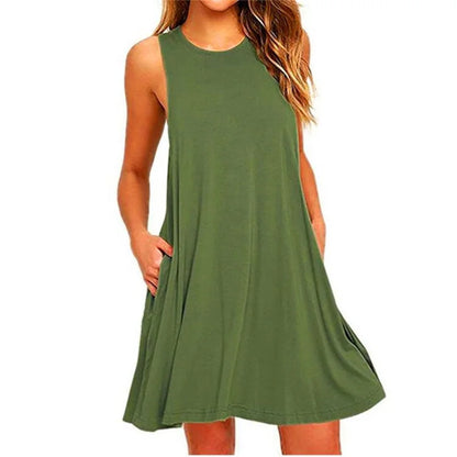 Women Sleeveless Ladies O-Neck Club Beach A-Line Mini Vestidos Midi Dresses