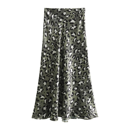 Female Retro Leopard Print Summer Fashion High Waist Satin A-Line Skirt