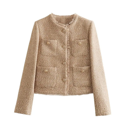 Autumn Fashion Long Camel Short Tweed Frayed Cropped Elegant Coat