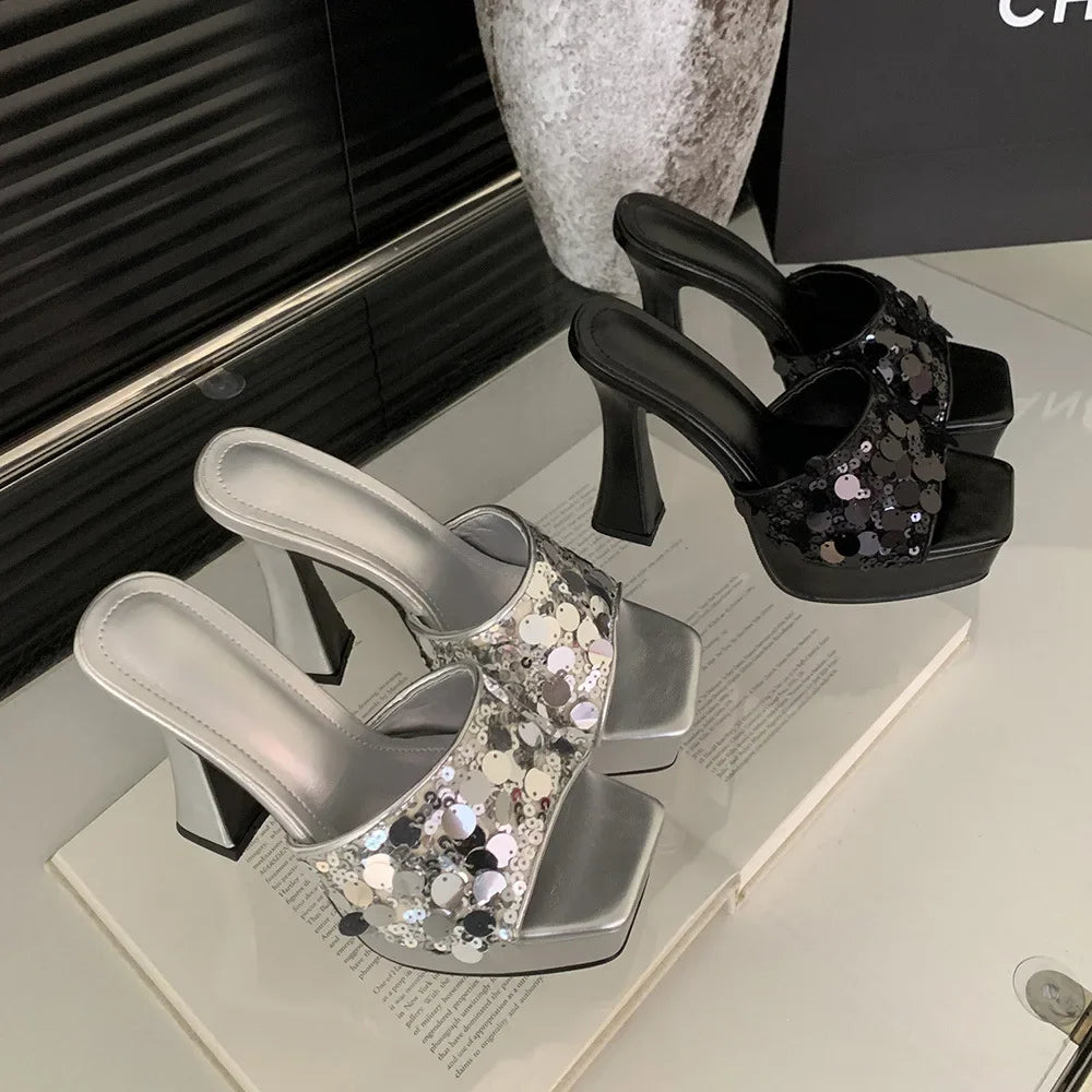 Temperamental Outdoors Platform Shoes Sexy Peep Toe Bling Square Head High-Heel High Heel