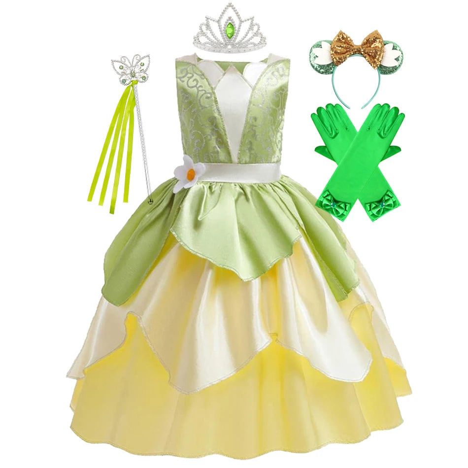 Tiana Dress Up Princess Cosplay Role Playing Party Sleeveless Carnival Halloween Kid Costume