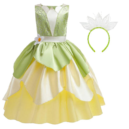 Tiana Dress Up Princess Cosplay Role Playing Party Sleeveless Carnival Halloween Kid Costume