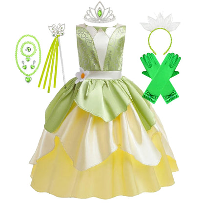 Tiana Dress Up Princess Cosplay Role Playing Party Sleeveless Carnival Halloween Kid Costume