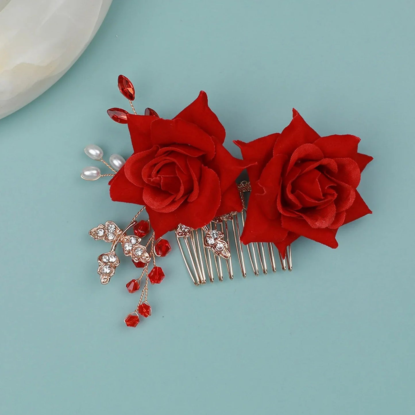 Red Wedding Rose Flower Bride Headdress Hair Accessory