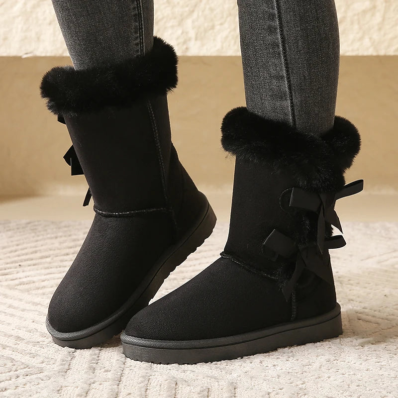 Waterproof Trend Bow Warm Mid-Calf Thicked Plush Non-Slip Snow Boot