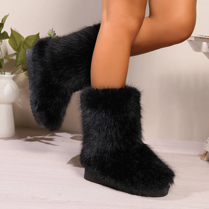 Winter Fuzzy Fluffy Fur Plush Lining Slip-on Rubber Flat Outdoor Bowtie Warm Snow Boot