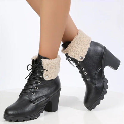 Fashion Solid Platform Chunky Heel Lace Up Classic Snow Boot