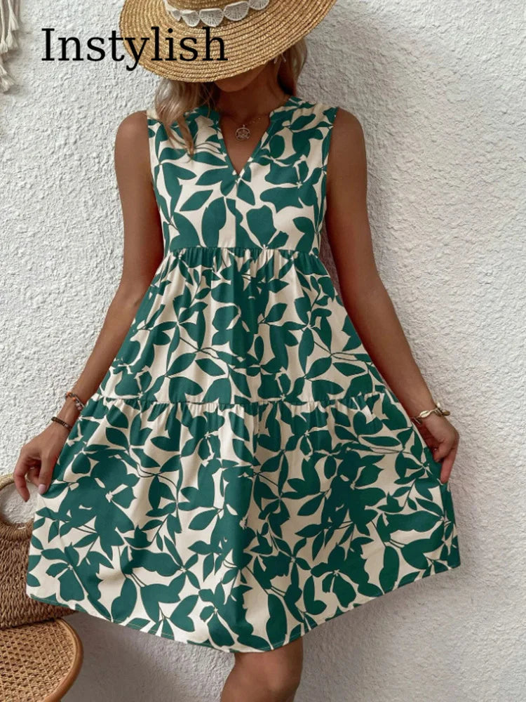 Women Boho Print Mini Elegant Sleeveless Ruffle A Line Tank Casual Beach Midi Dresses