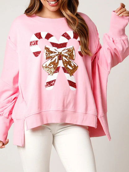 Sequin Candy Cane Oversized Side Slit Sparkly Pullover Hoodie - Christmas Holiday Theme