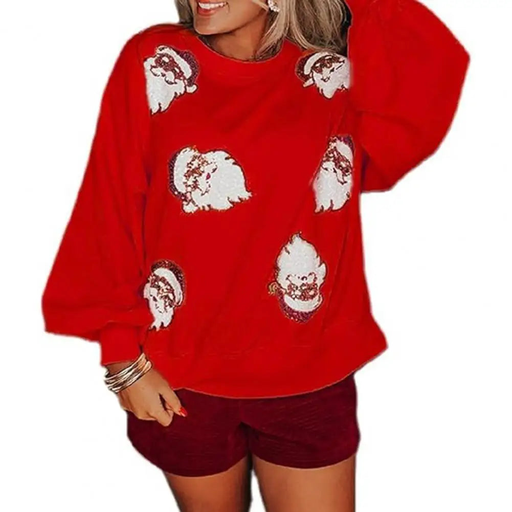 Sequin Santa Pattern Christmas Hoodie with Lantern Sleeves