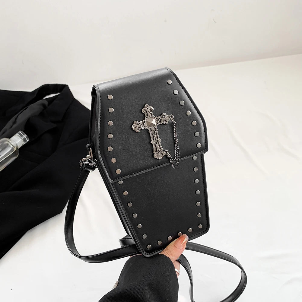 Women Gothic Coffin Zipper Strap Adjustable PU Leather Halloween Bag