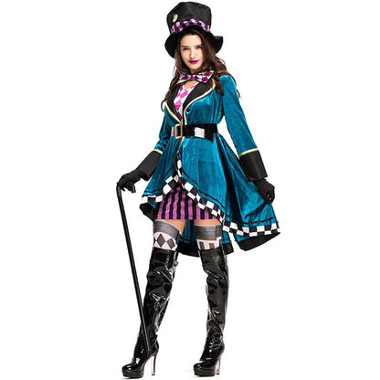 Women Mad Hatter Cosplay Fancy Dress Magic Show Tuxedo Halloween Carnival Costume