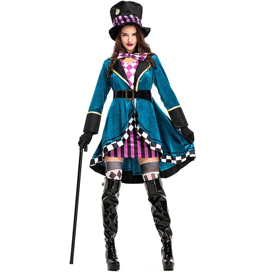 Women Mad Hatter Cosplay Fancy Dress Magic Show Tuxedo Halloween Carnival Costume