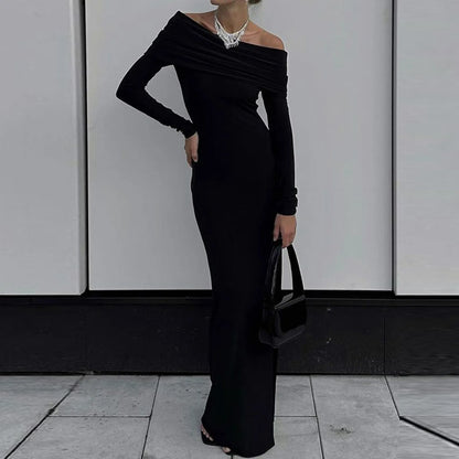 Stylish Fashion Off Shoulder Maxi Long Spring Fall Women Long Sleeve Solid Black High Slit Dress