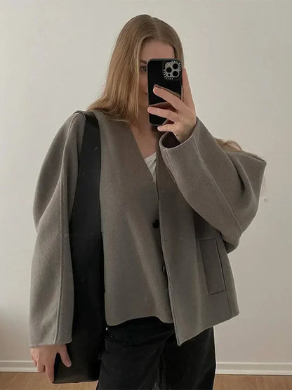 Fashion Solid Single Breasted Cotton Elegant V Neck Long Loose Coat