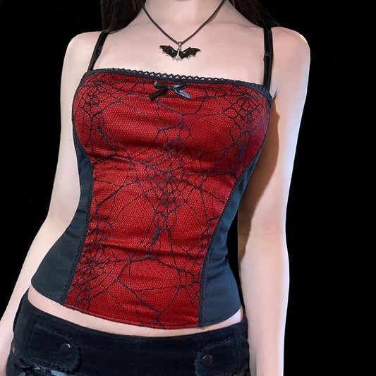 Gothic Spider Web Pattern Sleeveless Backless Zipper Crop Top