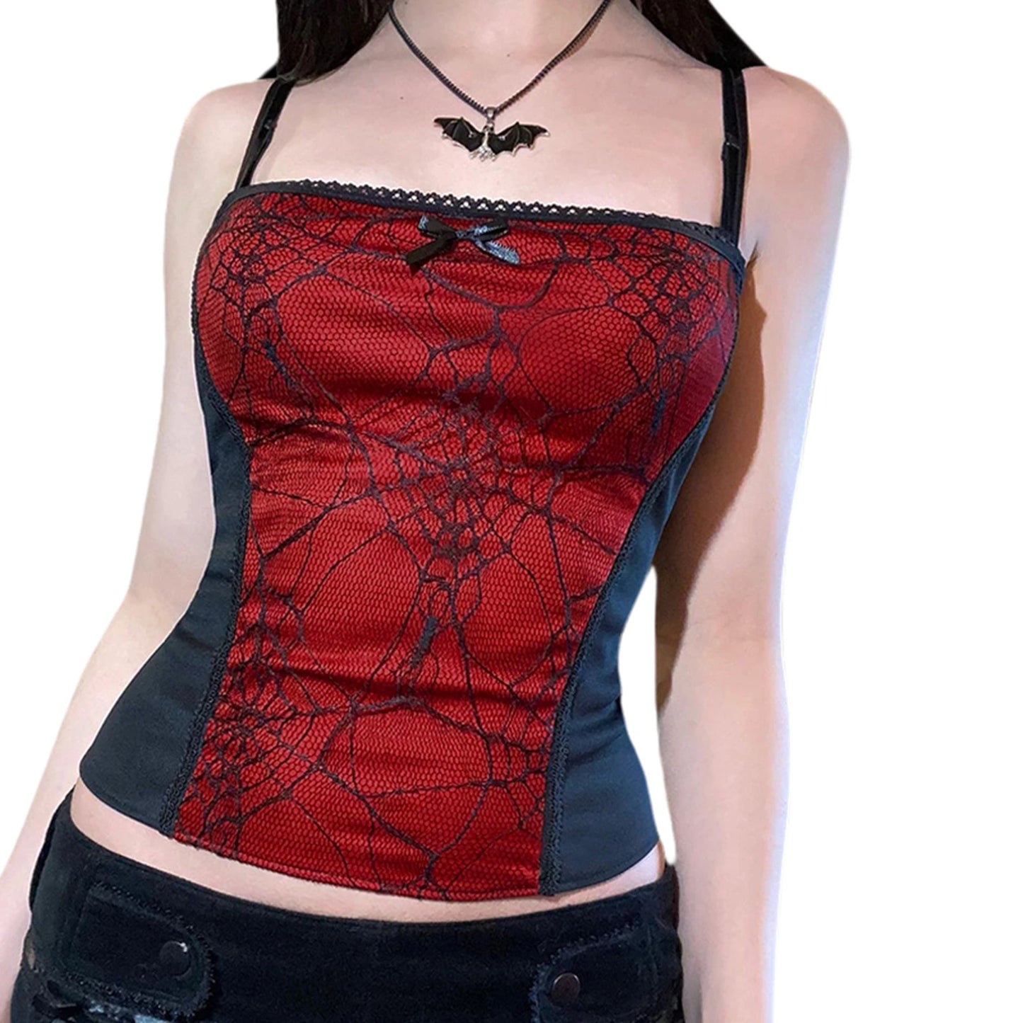 Gothic Spider Web Pattern Sleeveless Backless Zipper Crop Top