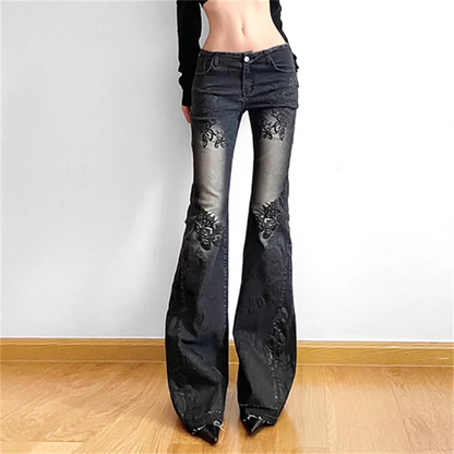 Women Gothic Y2K Flare Jeans 90s Aesthetic Low Waist Pants