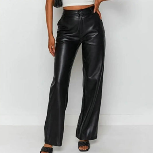 High Waist Solid Color Retro Slim Fit Straight Wide Leg Faux Leather Pants