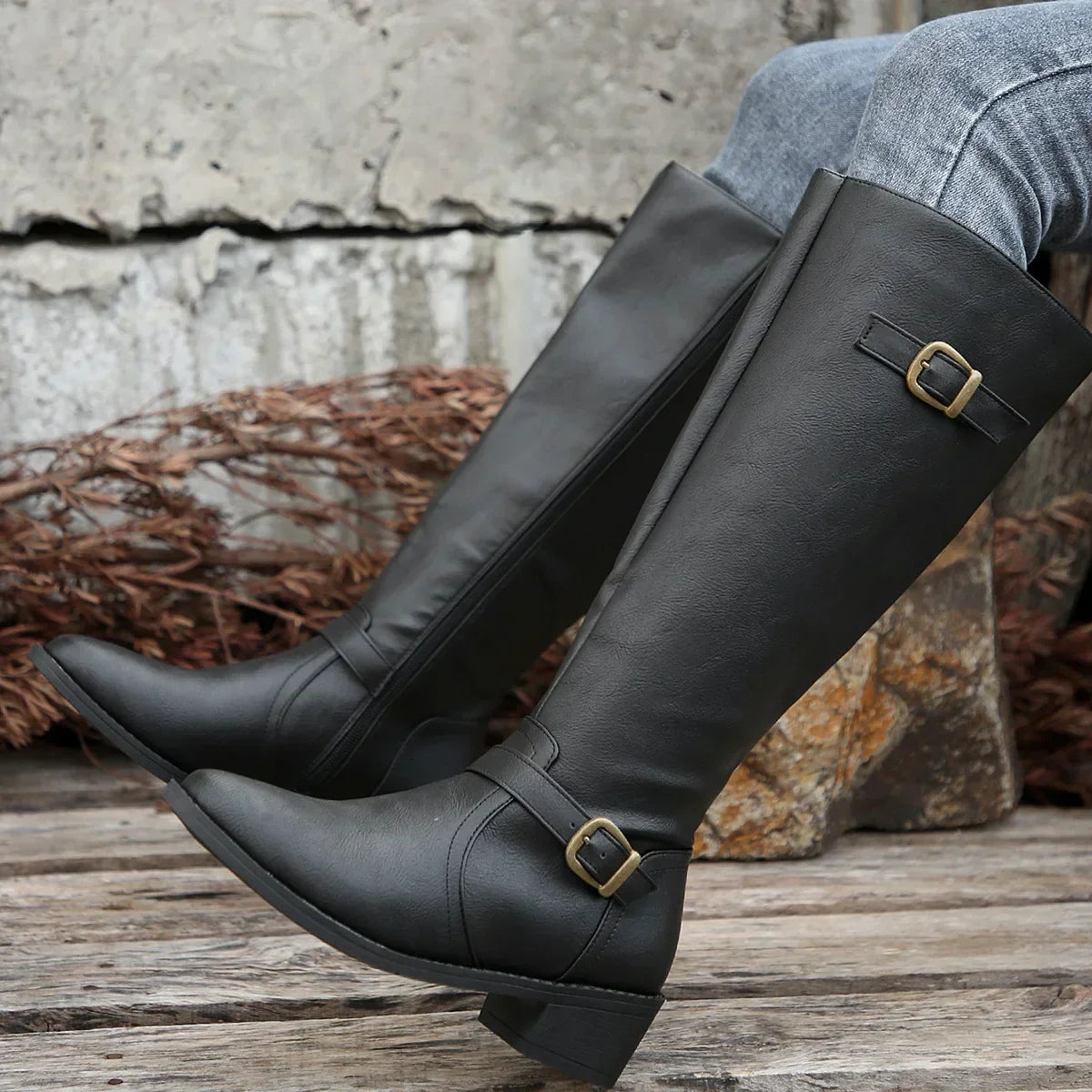 Women PU Leather Autumn Winter Round Toe Knight Platform Square Heel Knee High Boots